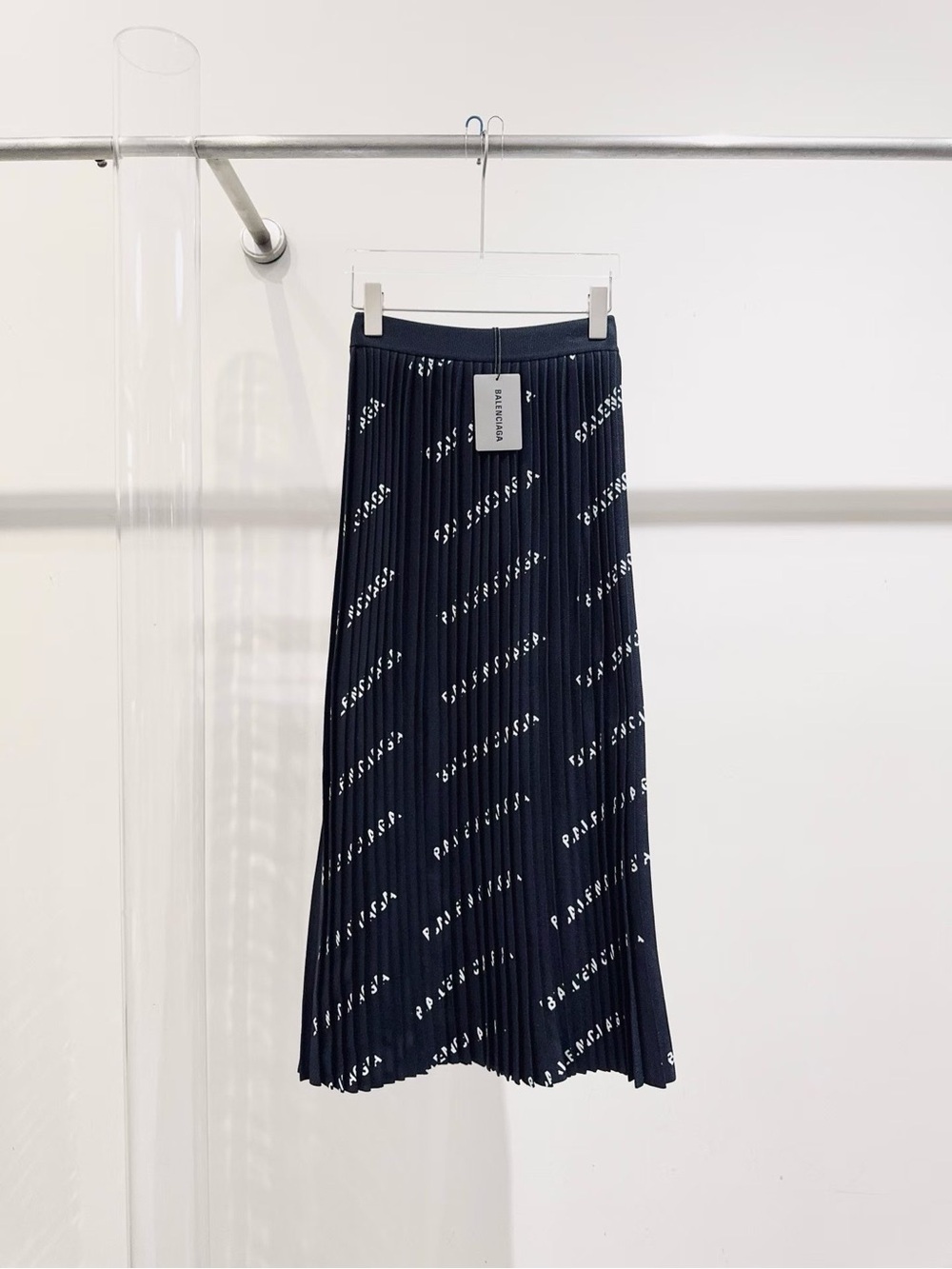 Balenciaga Navy Logo-Pleated Midi Skirt